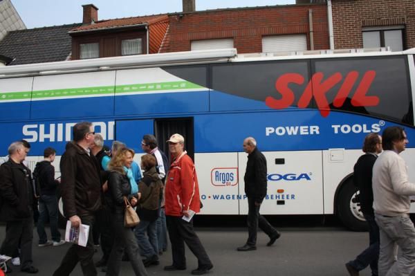 Outside the team bus before the start