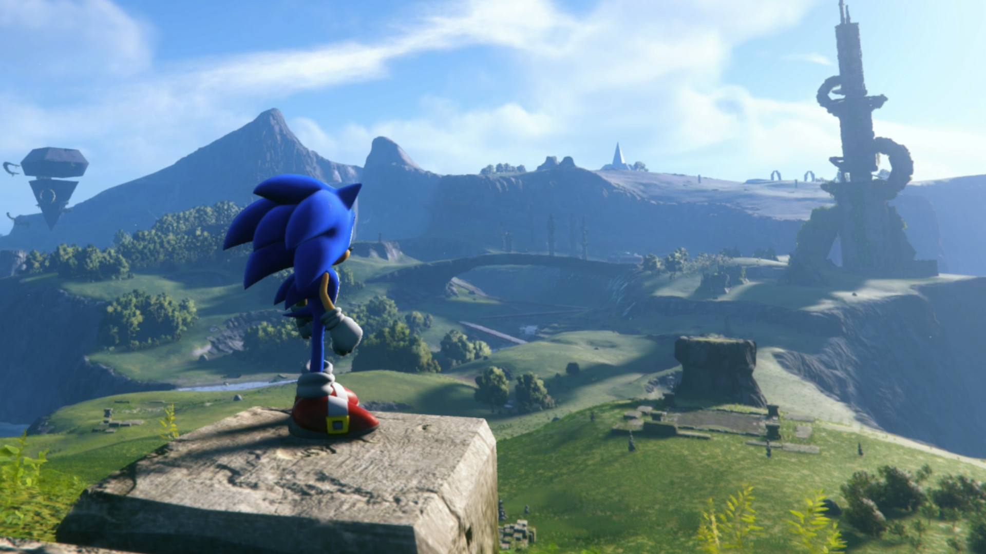 Sonic mira hacia las verdes colinas en Sonic Frontiers