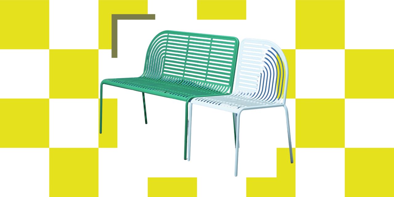 Image of a green and light blue, metal garden bench on a white and yellow checkerboard background.