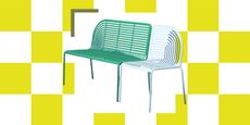 Image of a green and light blue, metal garden bench on a white and yellow checkerboard background.