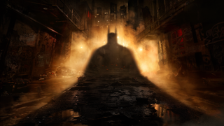 Batman posing in an alley, his shadow darkens the street, in Arkham Shadow
