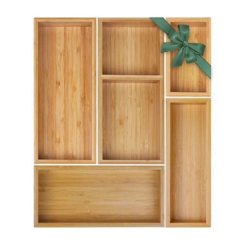 Bamboo Drawer Organizer Set, 5 Pcs Multi-Use Individual Wood Storage Organizers, Junk Drawer Divider and Storage Trays Containers for Kitchen, Bathroom, Office Desk, Makeup, Jewelry, Utensils