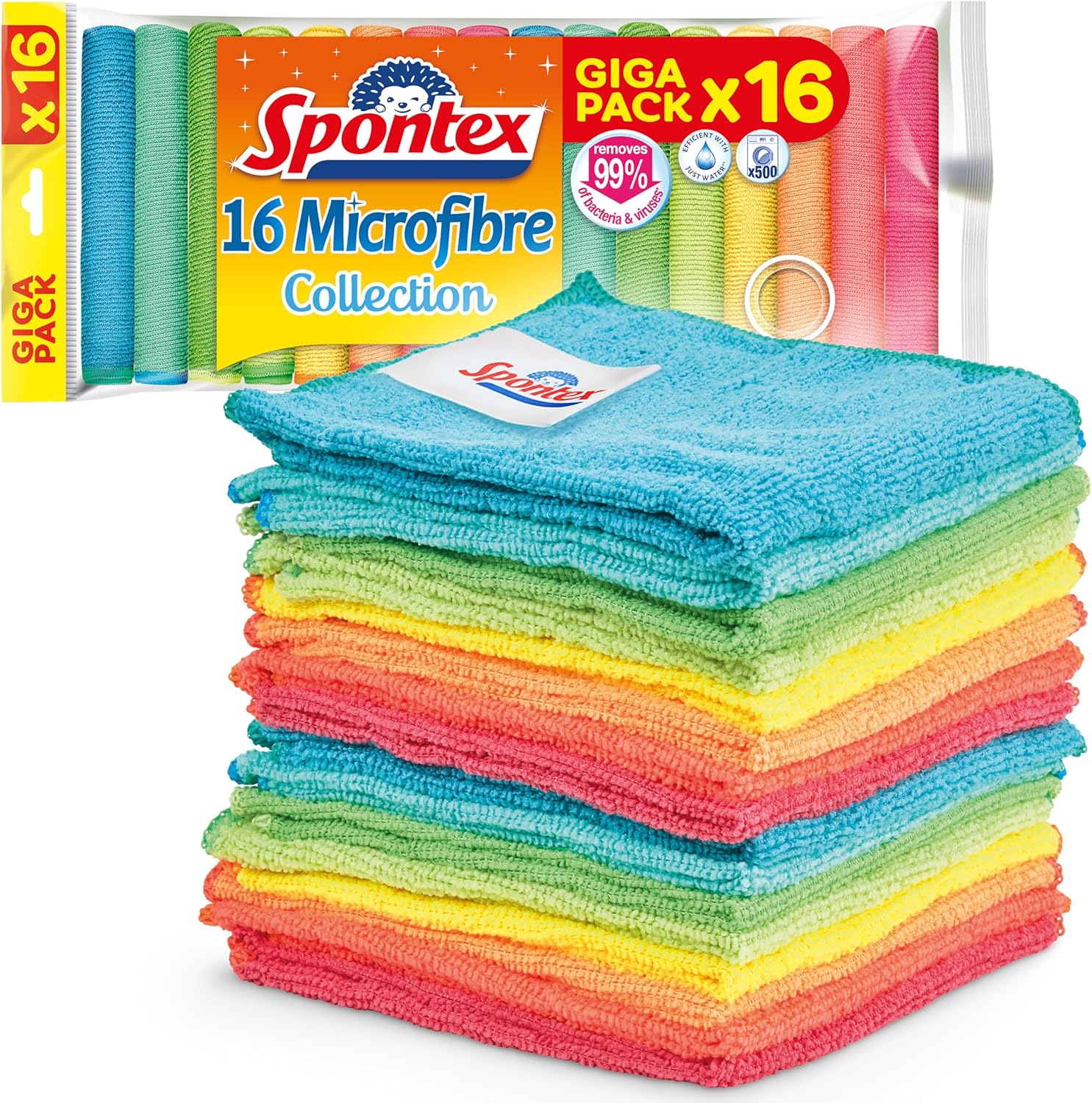 Spontex Microfibre Cloths for Cleaning | 16 Microfibre Collection Cleaning Cloths | for Use as Dusters &amp;amp; Kitchen Towels | 30 X 30cm | Assorted Colours | 16 Count