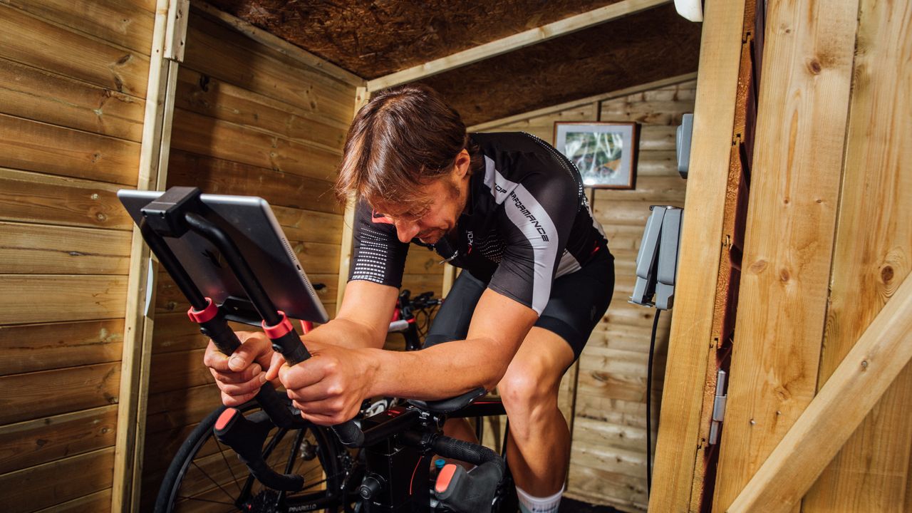 Stephen Shrubsall training indoors on wattbike atom