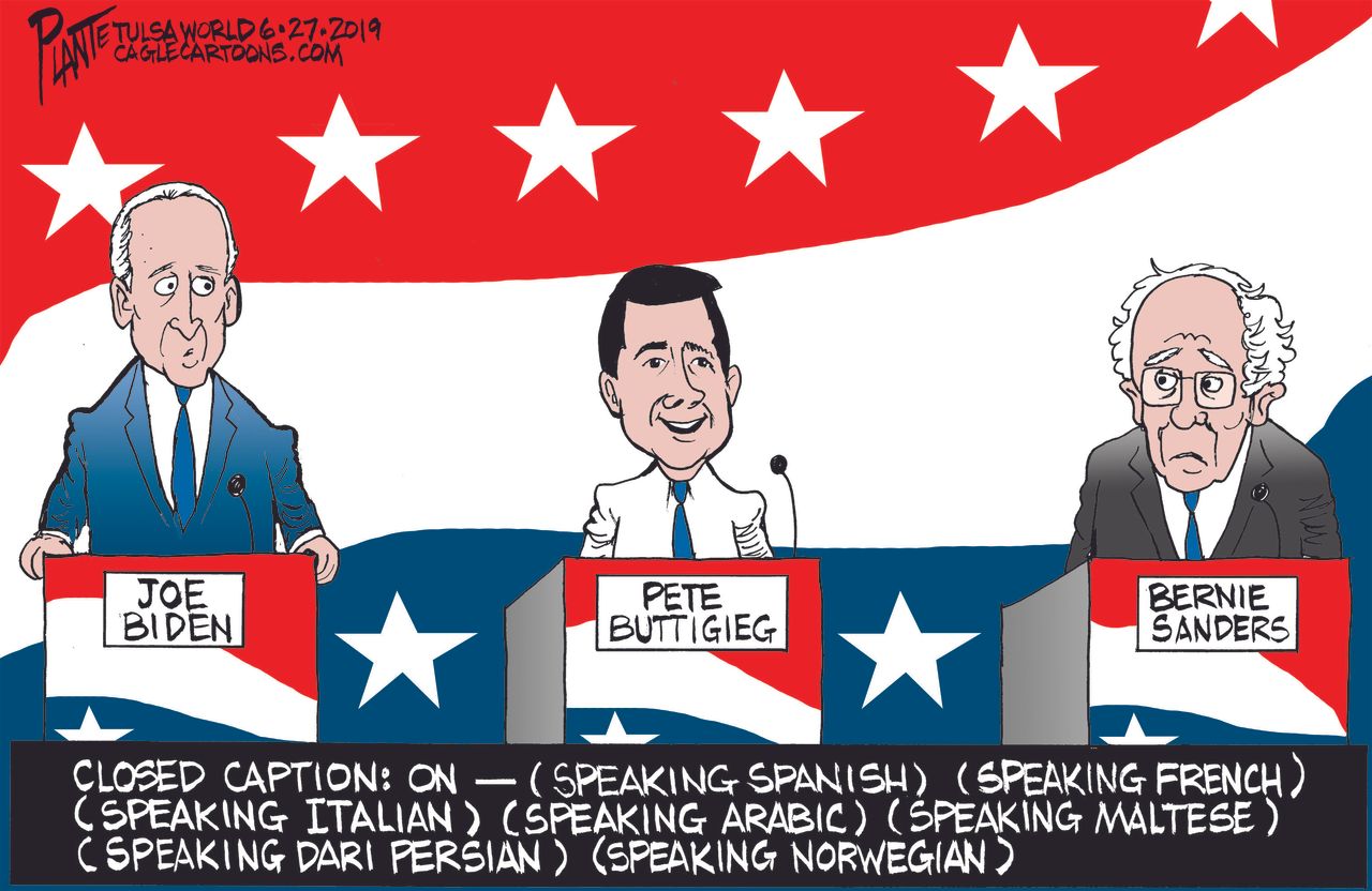 Political Cartoon U.S. Pete Buttigieg Multilingual Debate Biden Bernie