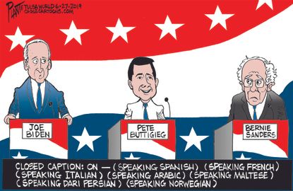 Political Cartoon U.S. Pete Buttigieg Multilingual Debate Biden Bernie