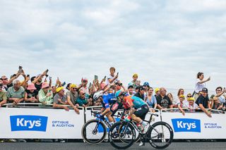 A tight run battle between Jasper Philipsen (Alpecin-Deceuninck) and Caleb Ewan (Lotto Dstny) on stage 4 of the Tour de France