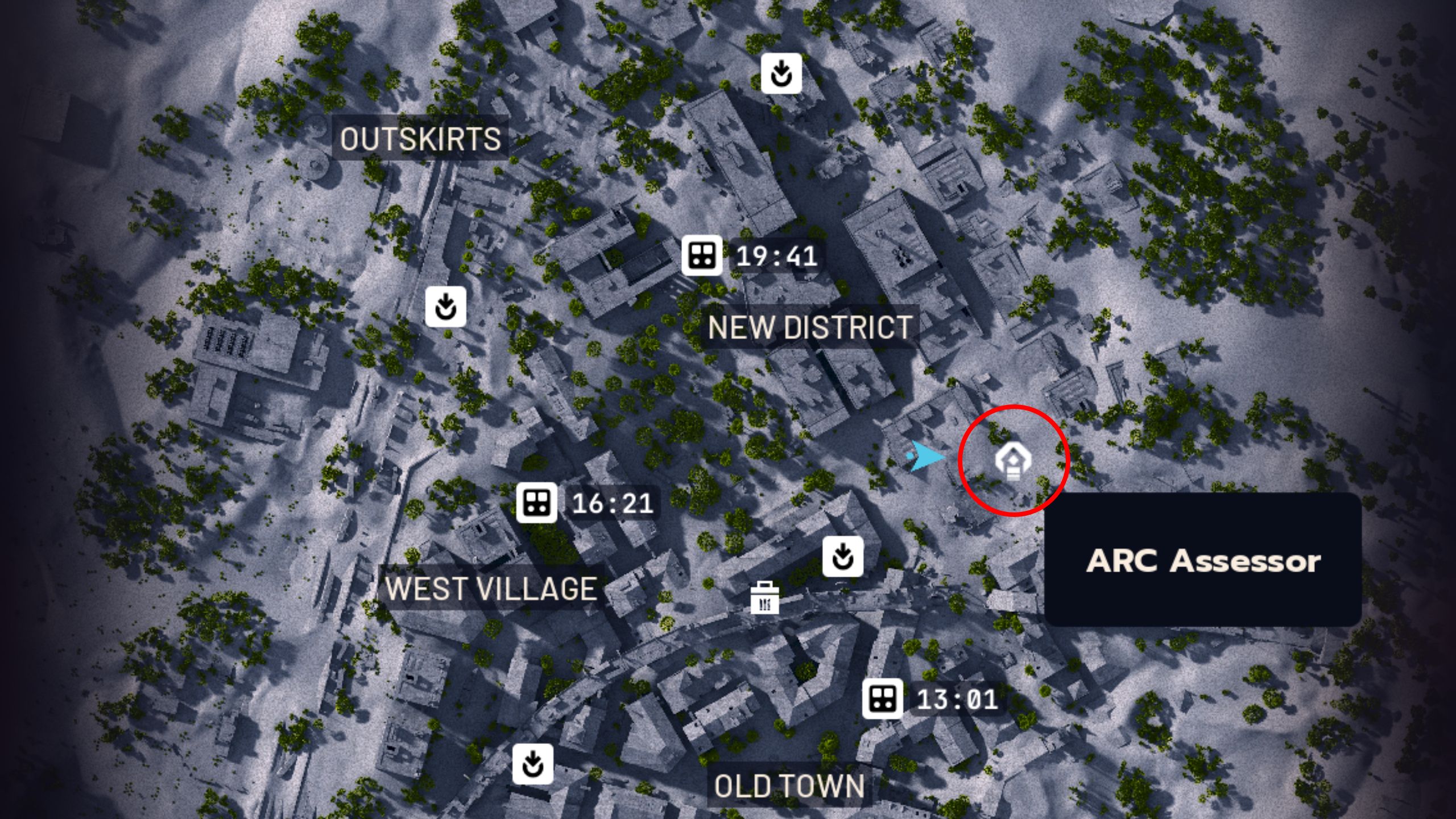 Arc Raiders Close Scrutiny: A map of Buried City with a red circle showing what the Arc Assessor icon looks like.