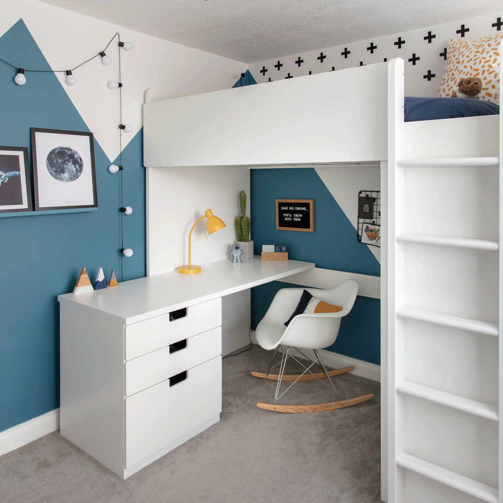 sons bedroom with drawers and chairs