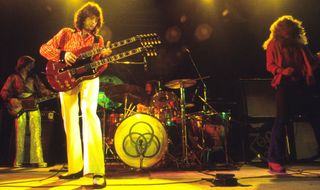(from left) John Paul Jones, Jimmy Page, John Bonham and Robert Plant perform live in Los Angeles in 1973