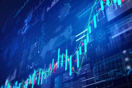 blue stock market chart with teal bars going up