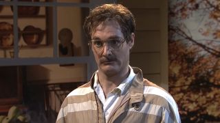 Will Forte in striped jacket, glasses and mustache in Trick r Treat sketch on SNL