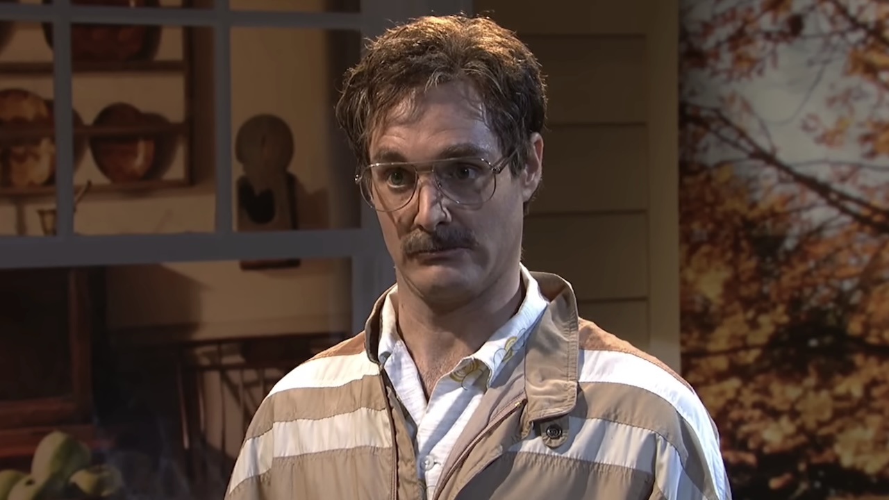 Will Forte in striped jacket, glasses and mustache in Trick r Treat sketch on SNL