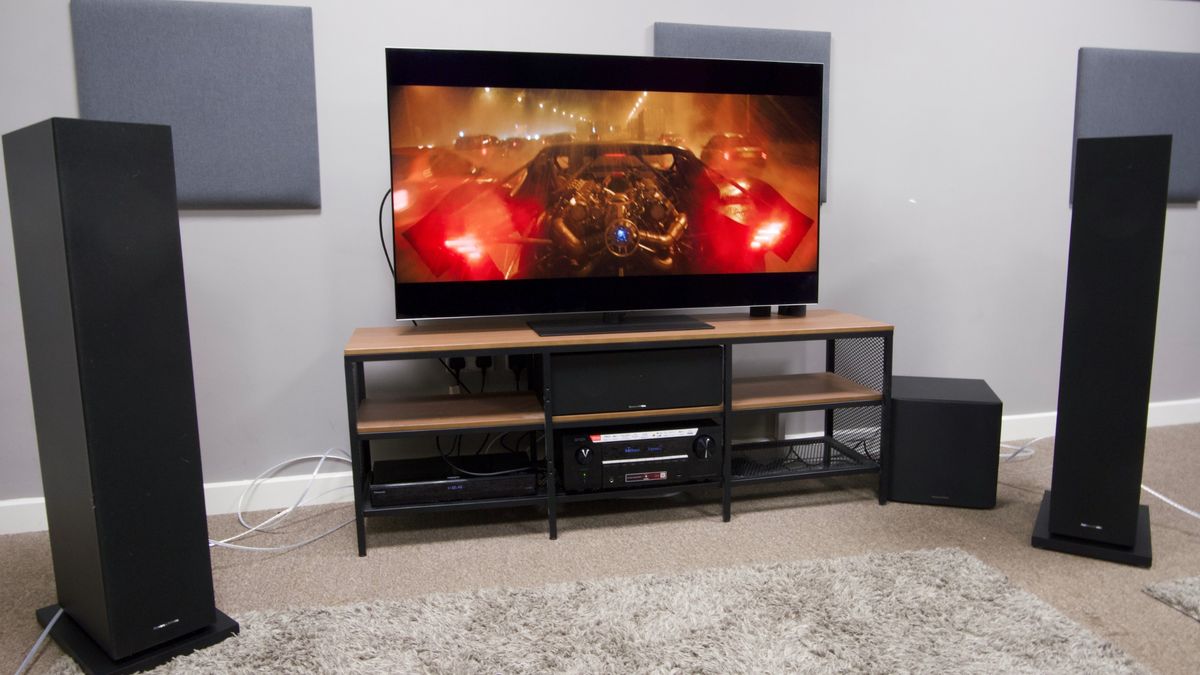 B7W 603 S3 speakers, Denon AVC 3900H, B&amp;W ASW610 subwoofer all connected to LG G6 with the Batmobile from the batman on screen