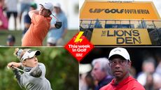 Robert MacIntyre holds his finish on a drive, Nelly Korda holds her finish on a drive, a LIV Golf South Africa Lion's Den sign and Tiger Woods from the chest up with a This Week In Golf logo centered