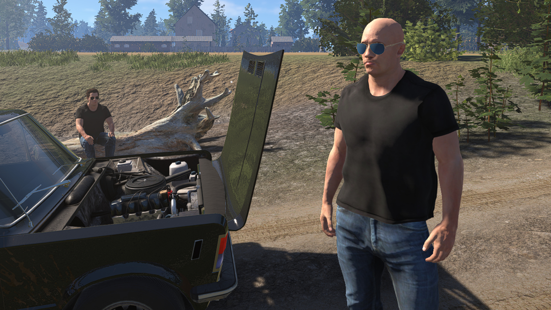 A heavyset bald man stands next to a car with its bonnet up.