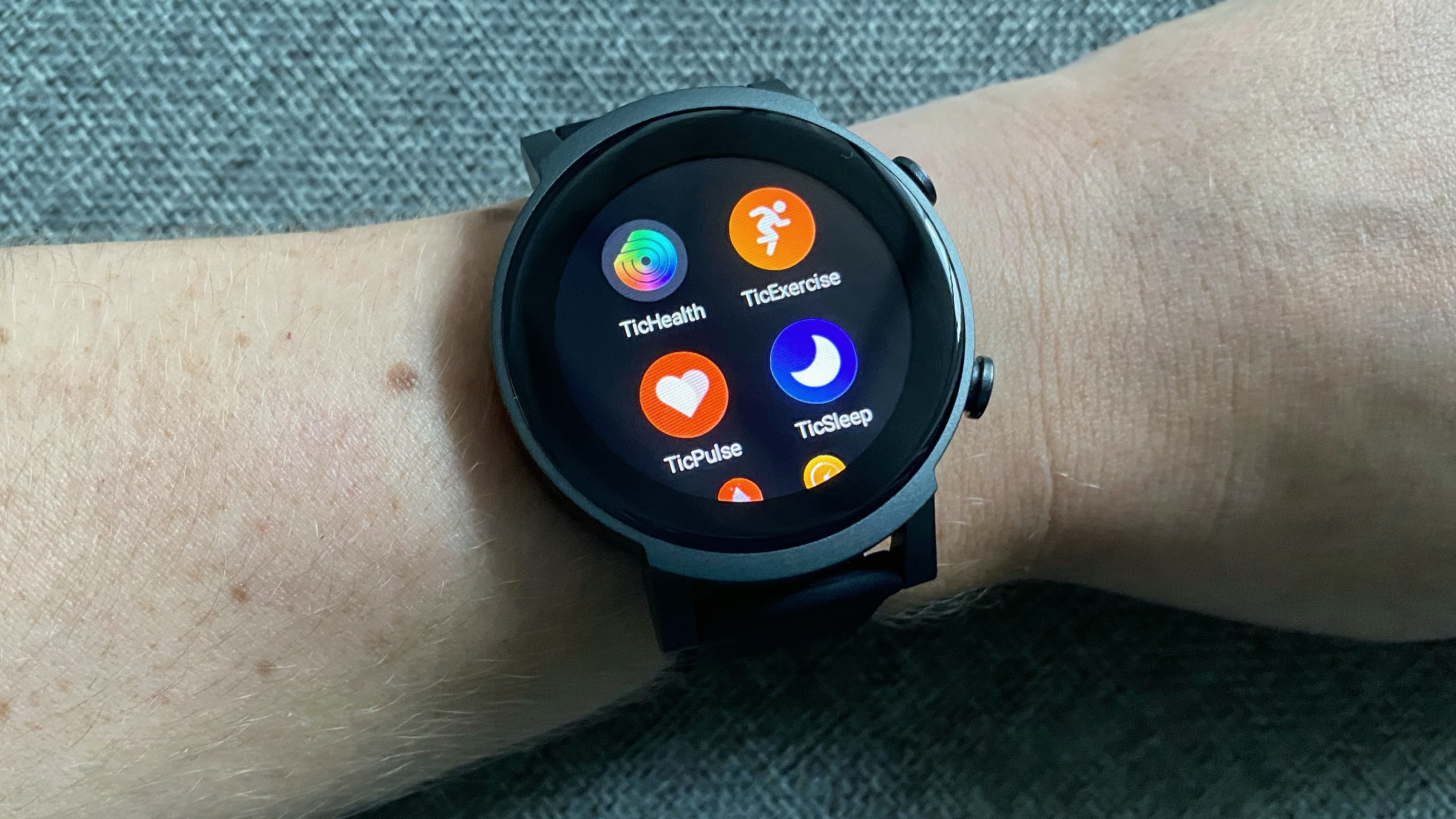 TicWatch E3 close-up showing app menu