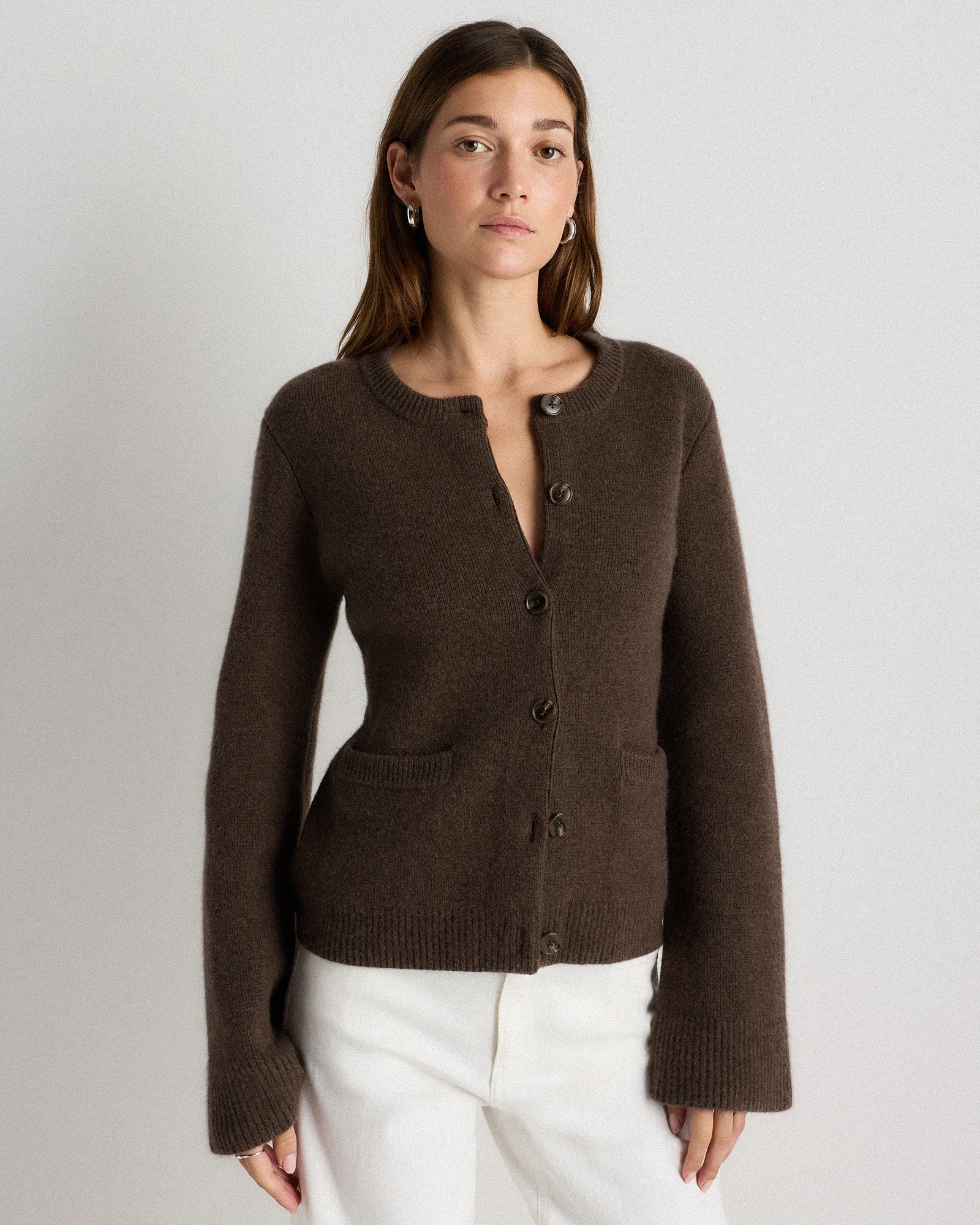 Mongolian Cashmere Structured Cardigan in Heather Truffle Brown, Size Xs