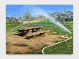 artwork of picnic table, sprinkler and rainbow