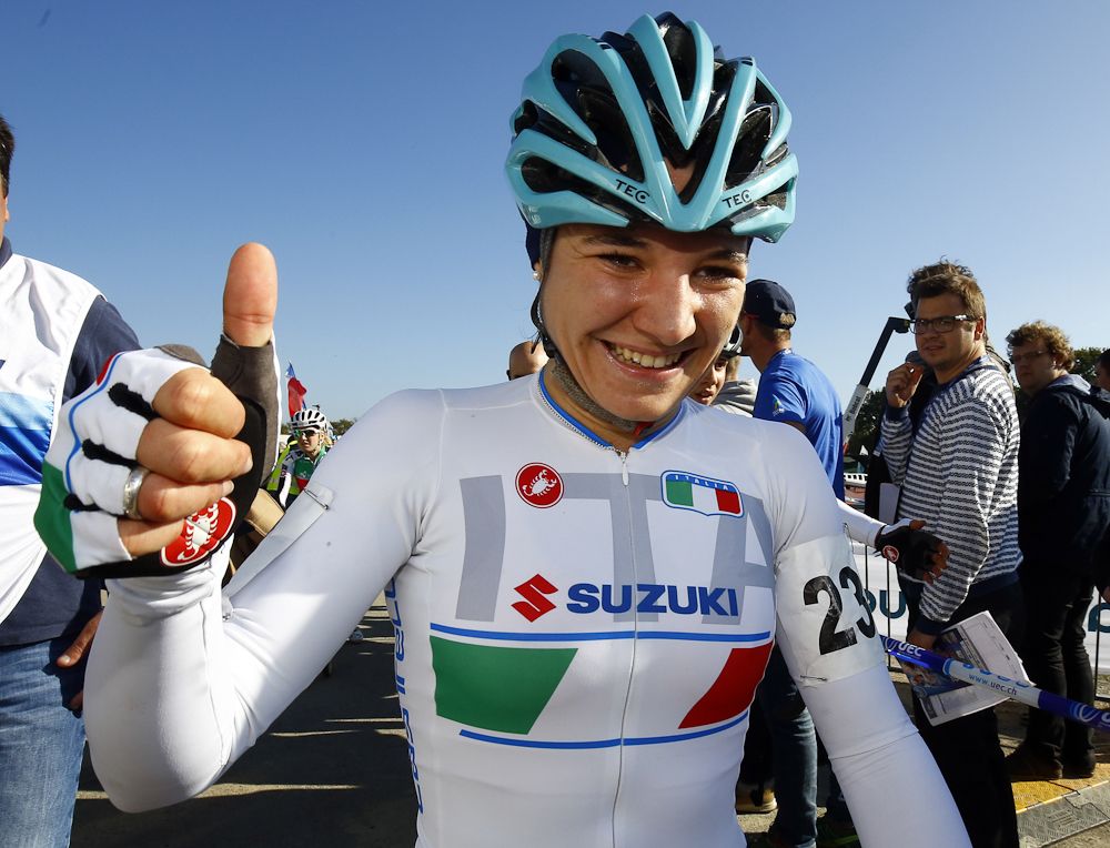 Chiara Teocchi (Italy) celebrates winning the women's U23 title at the 2016 European cyclo-cross championships
