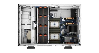 A photograph of the interior of the Dell EMC PowerEdge T550