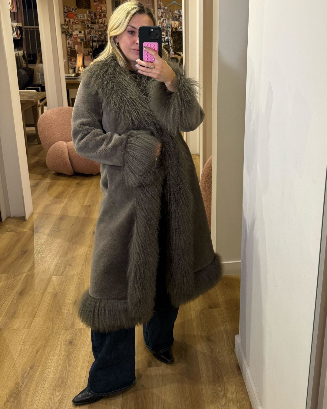 clementina jackson tries on a charlotte simone coat