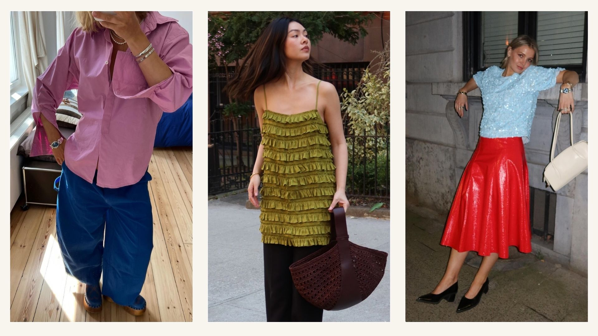 Collage of influencers wearing unusual spring colour combinations.