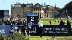 Grant Forrest of Scotland tees off on the 2nd hole on day four of the Alfred Dunhill Links Championship 2025 at The Old Course