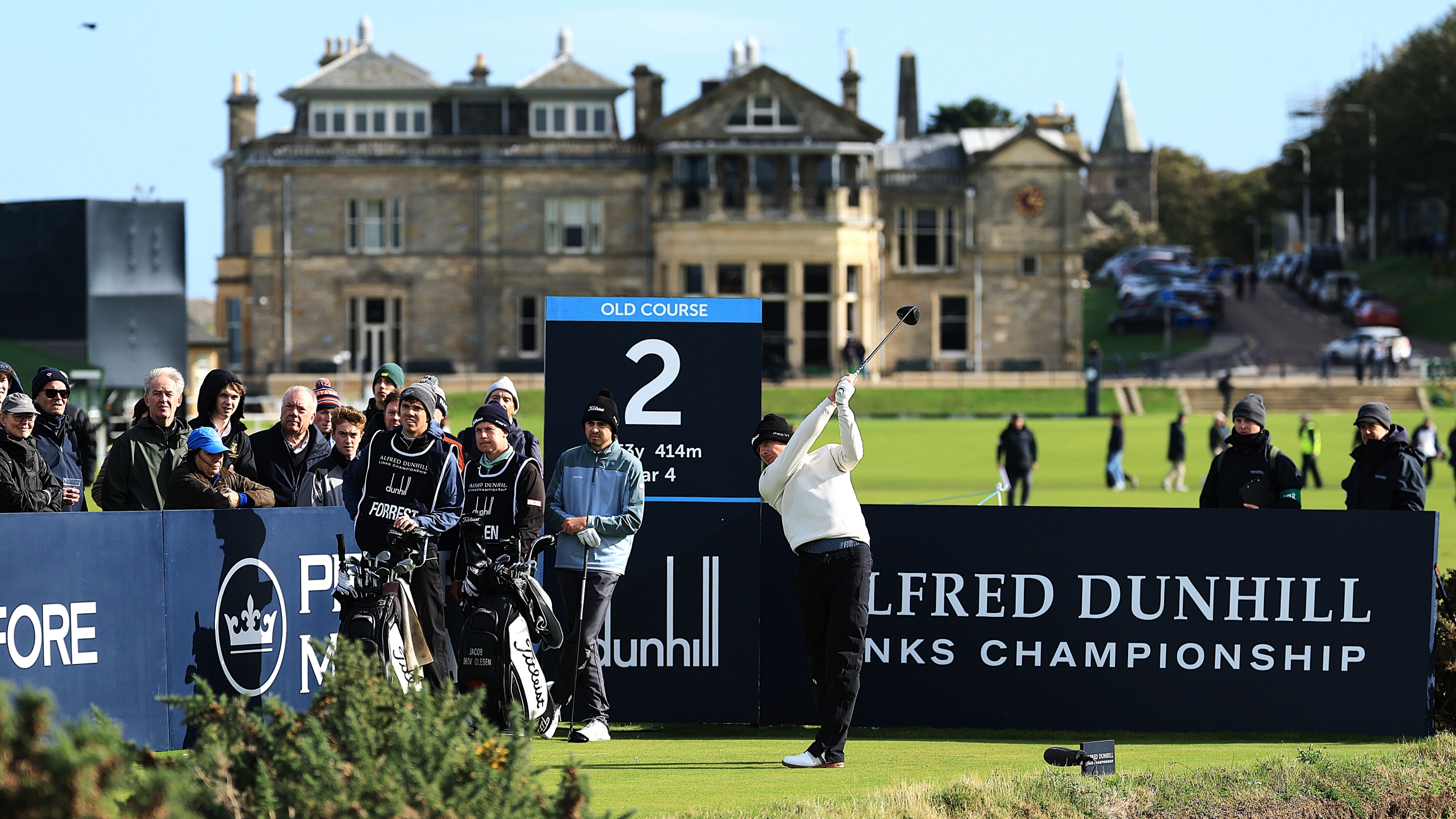 Grant Forrest of Scotland tees off on the 2nd hole on day four of the Alfred Dunhill Links Championship 2025 at The Old Course