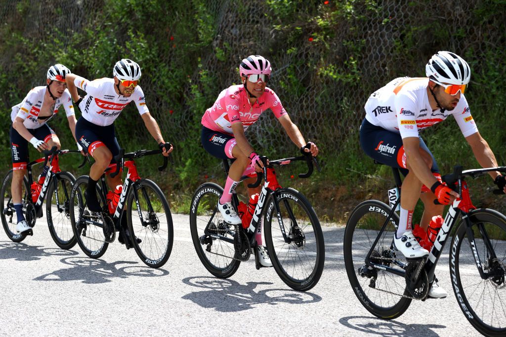 POTENZA ITALY MAY 13 Juan Pedro Lpez of Spain and Team Trek Segafredo Pink Leader Jersey C competes during the 105th Giro dItalia 2022 Stage 7 a 196km stage from Diamante to Potenza 717m Giro WorldTour on May 13 2022 in Potenza Italy Photo by Michael SteeleGetty Images