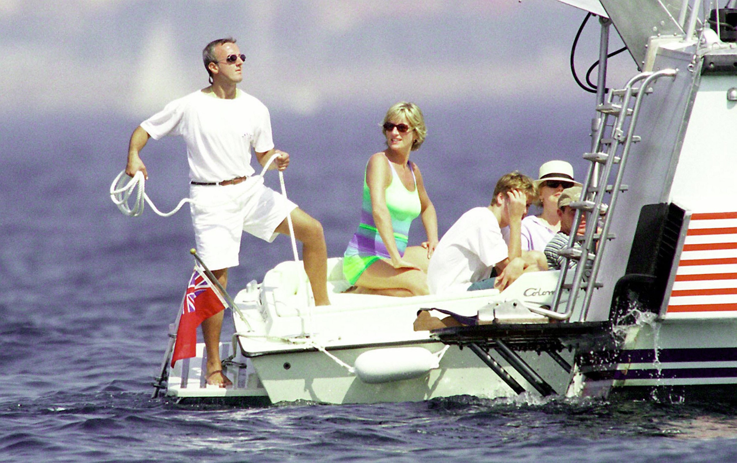 Princess Diana and Prince William sitting on Dodi Fayed's yacht