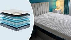 Simba Hybrid Pro Mattress in Liz's room next to a cross section of the Simba Hybrid Pro Mattress