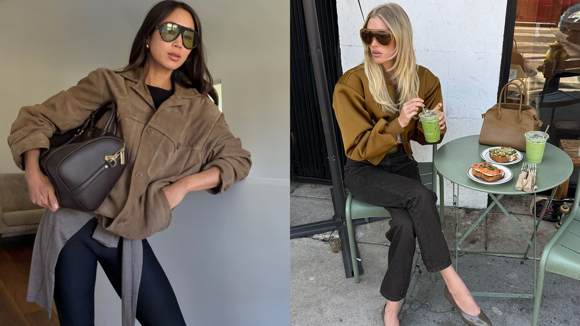 Two women in L.A. wearing tan bomber jackets and black pants