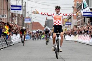 Tour de France mountains classification winner Sammy Sanchez (Euskaltel-Euskadi) celebrates his victory in Roeselare.