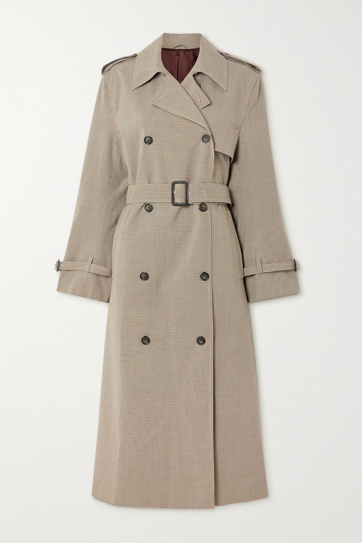 Belted houndstooth wool-blend trench coat