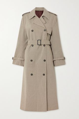 Belted houndstooth wool-blend trench coat