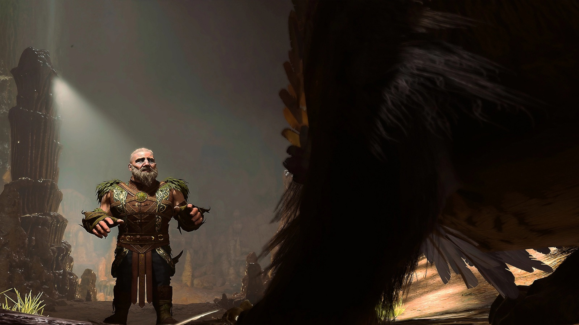 In Baldur's Gate 3, a dwarven druid protagonist apprehensively approaches an adult owlbear