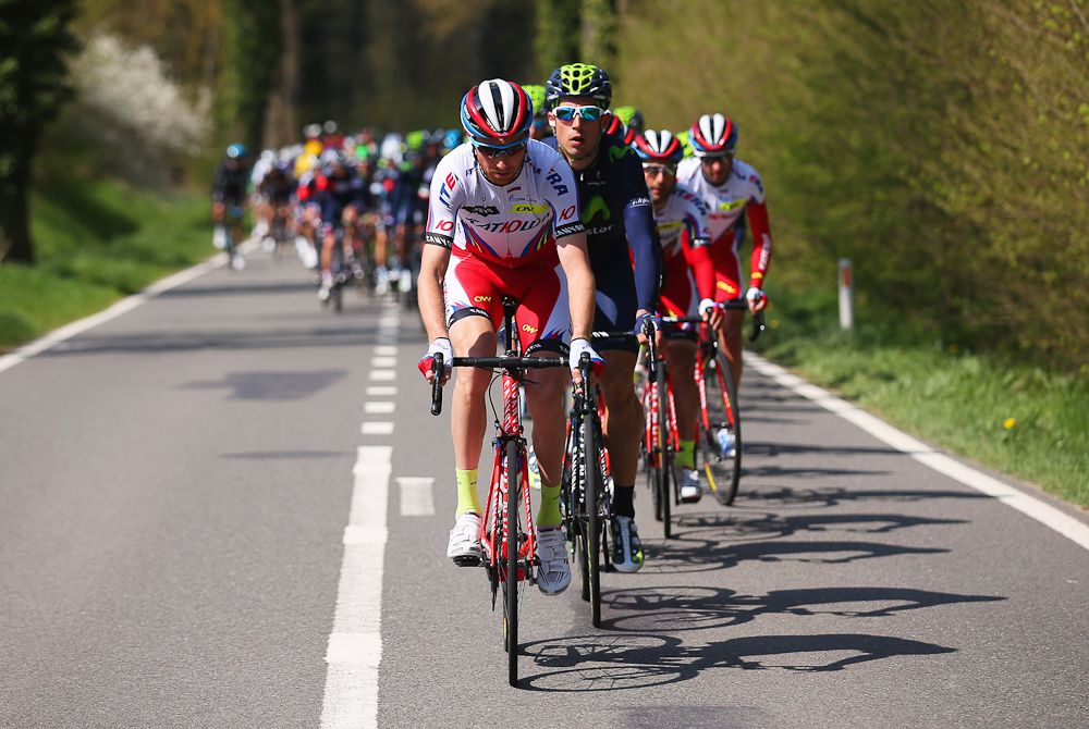 Dmitry Kozontchuk of Russia and Team Katusha leads the peloton during the 79th La Fleche Wallonne.