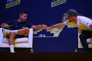 Mark Cavendish and Dylan Groenewegen at a pre-2023 Tour de France press conference