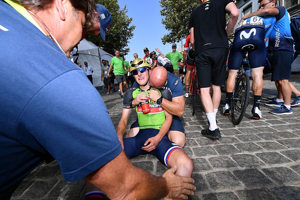 Matej Mohoric (Bahrain-Merida) celebrates winning BinckBank Tour