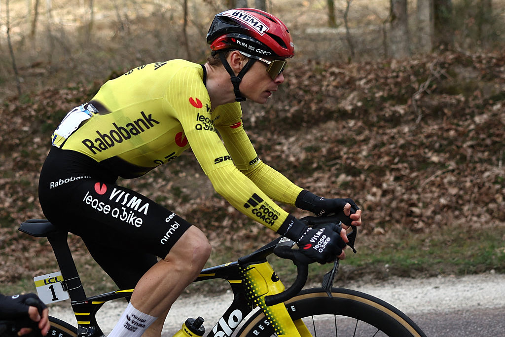 Team Visma - Lease a Bike's Danish rider Jonas Vingegaard rides with the pack during the 2nd stage of the Paris-Nice cycling race, 187 km between &amp;Eacute;p&amp;ocirc;ne and Montargis, on March 9, 2026. (Photo by Anne-Christine POUJOULAT / AFP)