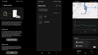 Samsung Health screenshots- Left: Explaining how GPX routes work; Middle: option to select GPX files from storage; Right: A specific GPX route being added to watch, with option to name Route and make it for Cycling or Hiking