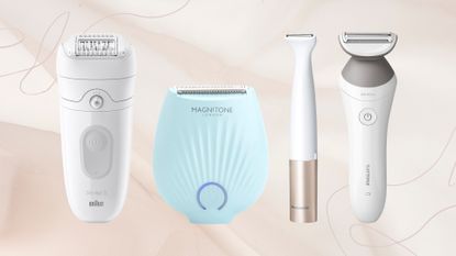 A lineup of four of the best bikini trimmers (L-R) from Braun, Magnitone, Panasonic and Philips, on a neutral background with mauve swirl details