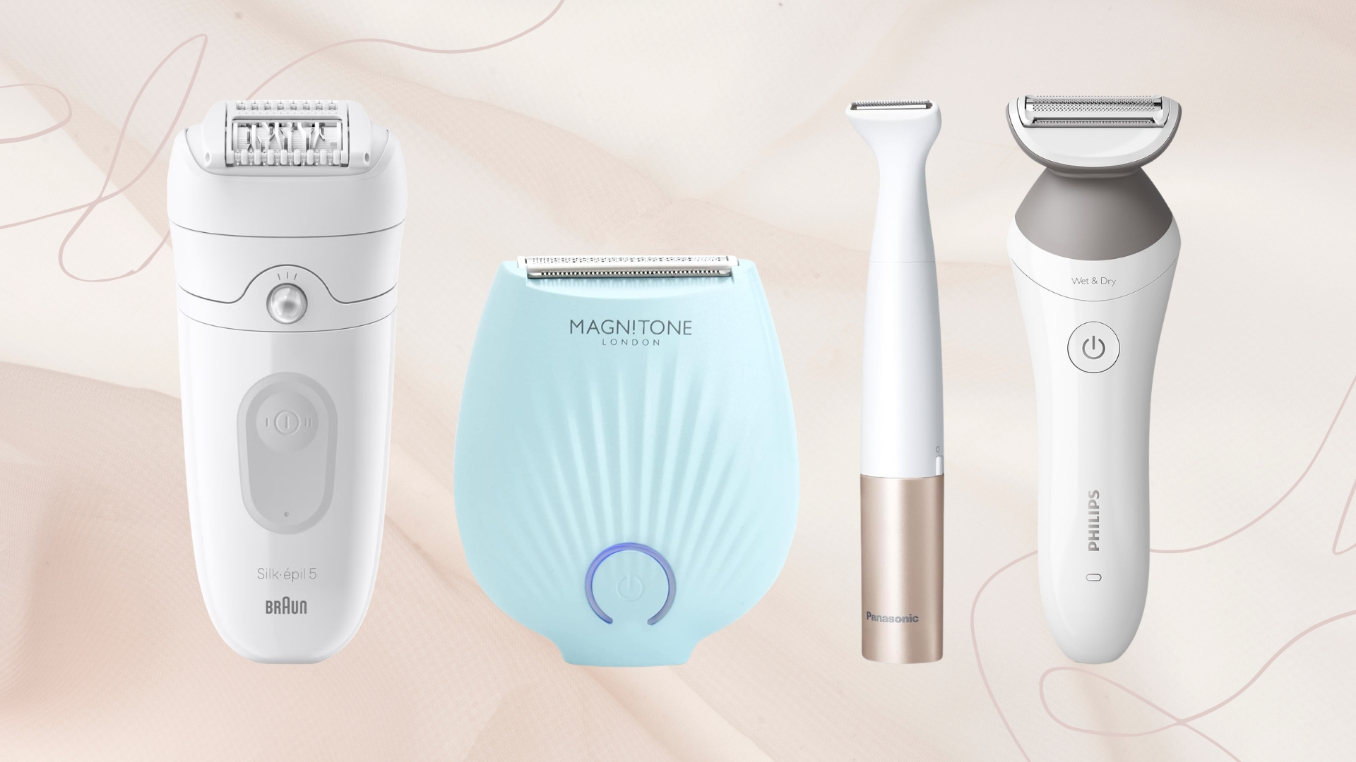 A lineup of four of the best bikini trimmers (L-R) from Braun, Magnitone, Panasonic and Philips, on a neutral background with mauve swirl details