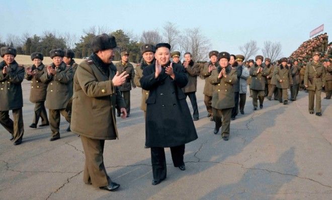 North Korean leader Kim Jong-Un claps after inspecting the army&amp;#039;s artillery firing drill on Feb. 26.