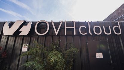 OVHcloud logo and branding pictured on a company data center in Roubaix, northern France.