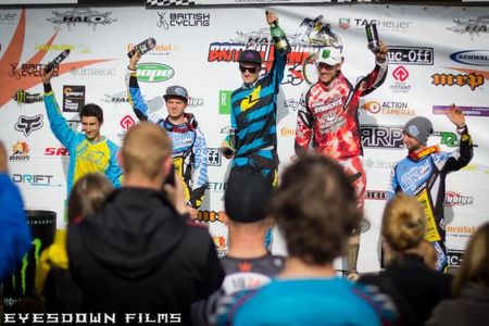 Elite men's podium at British Downhill round in Caersws
