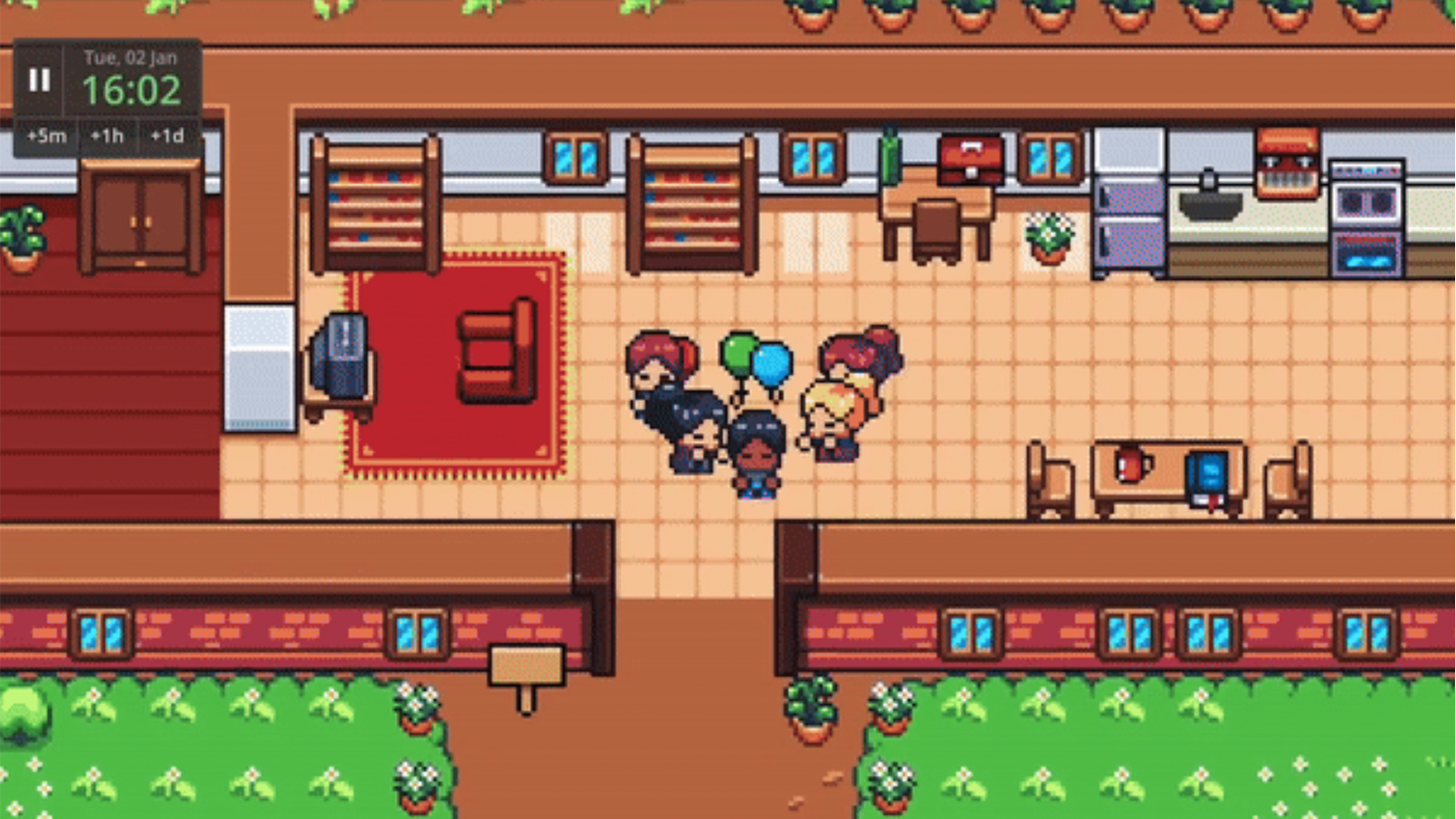 A pixel art game screen of characters holding balloons in a cafe, made using AI Engine