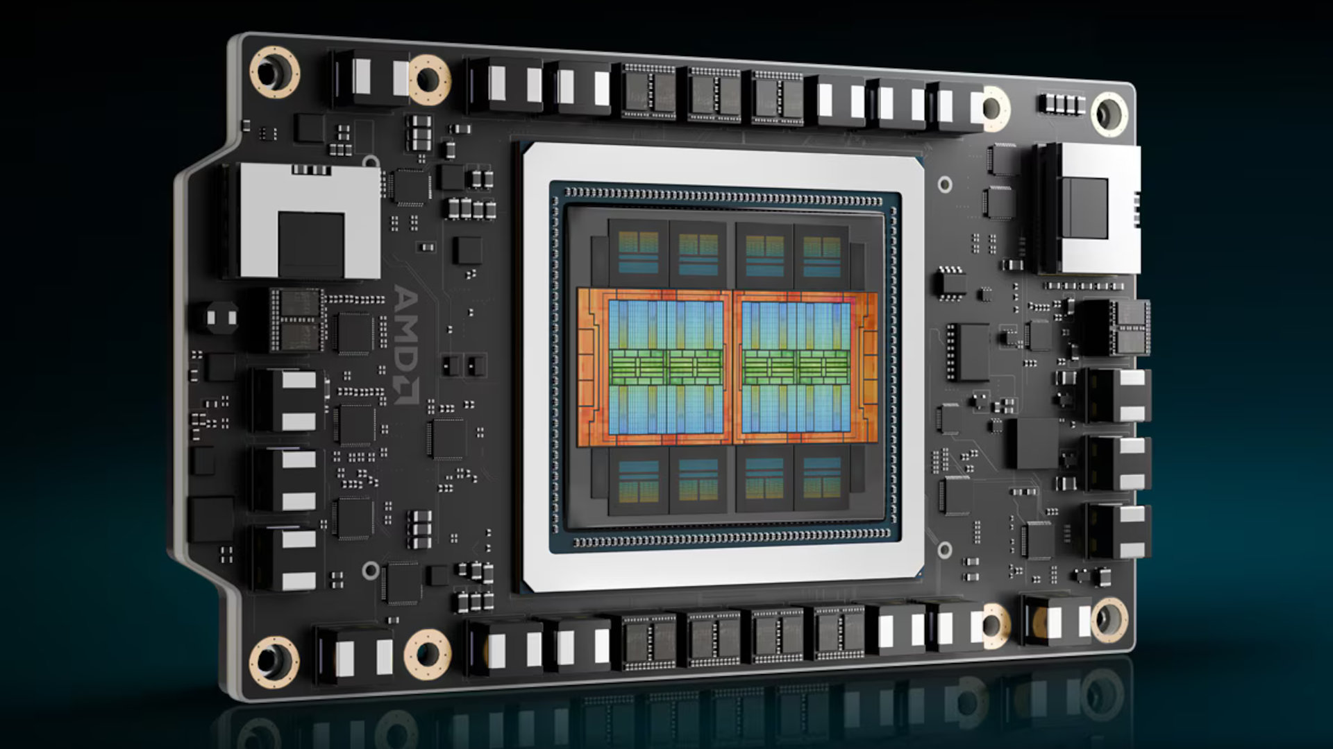 A promotional image for the AMD Instinct MI355X AI superchip