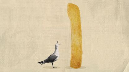 Photo collage of a seagull with its beak hanging open, looking up at a comically gigantic chip standing in front of it.